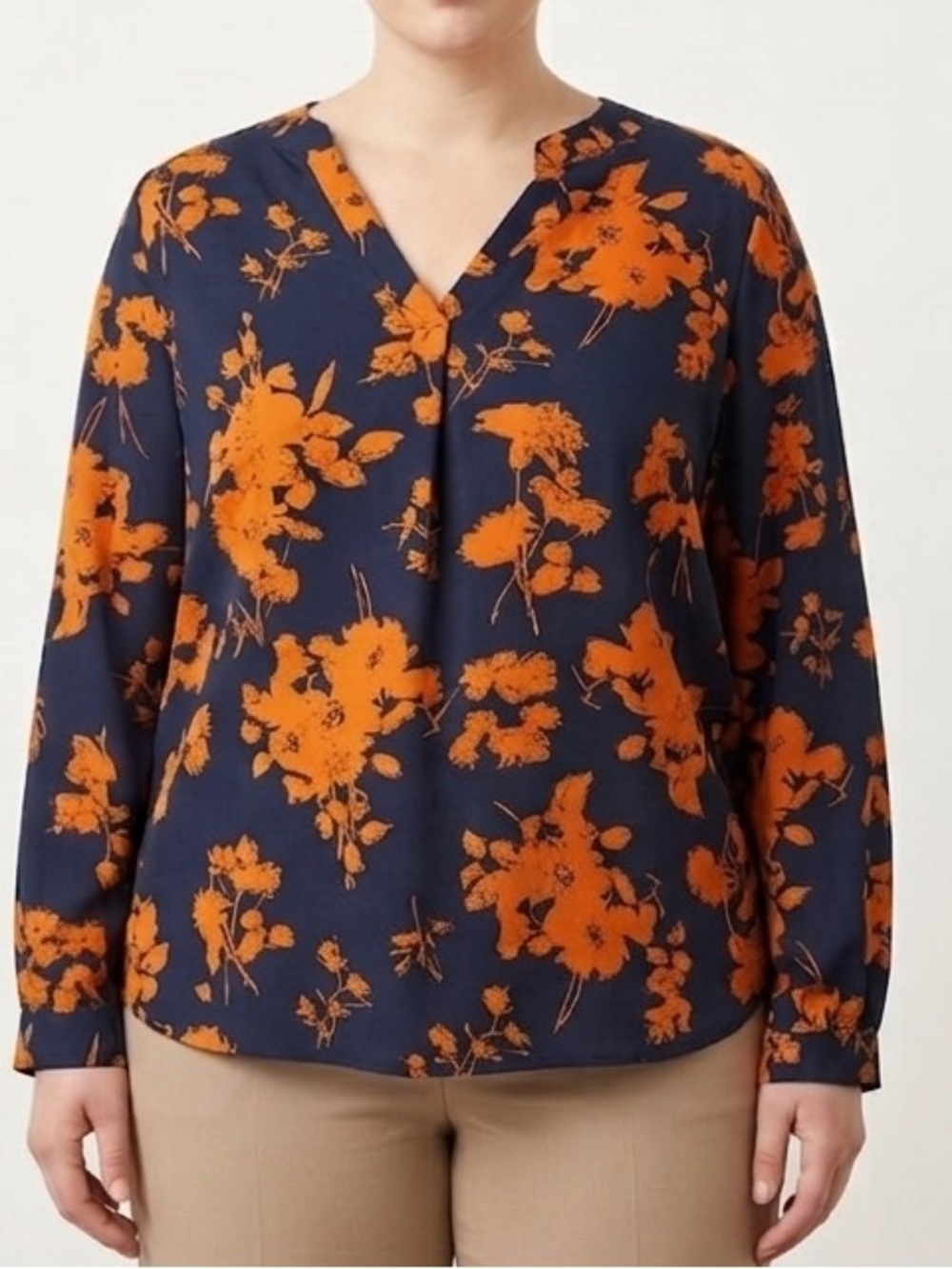 Floral V-Neck Blouse in Navy and Orange by